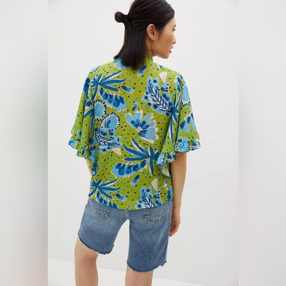 Anthropologie Green and Blue Vera Valley Flutter Short Sleeve Button Up Blouse - Picture 6 of 15
